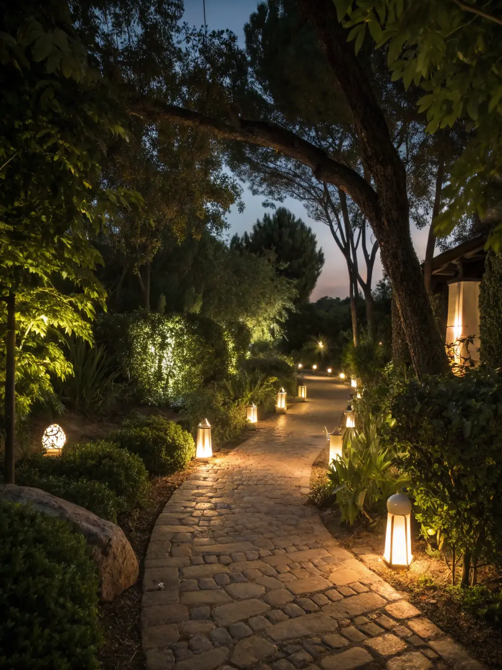 An outdoor lighting system illuminating a garden at night, highlighting Goal Line Irrigation and Landscaping's expertise in outdoor enhancements.