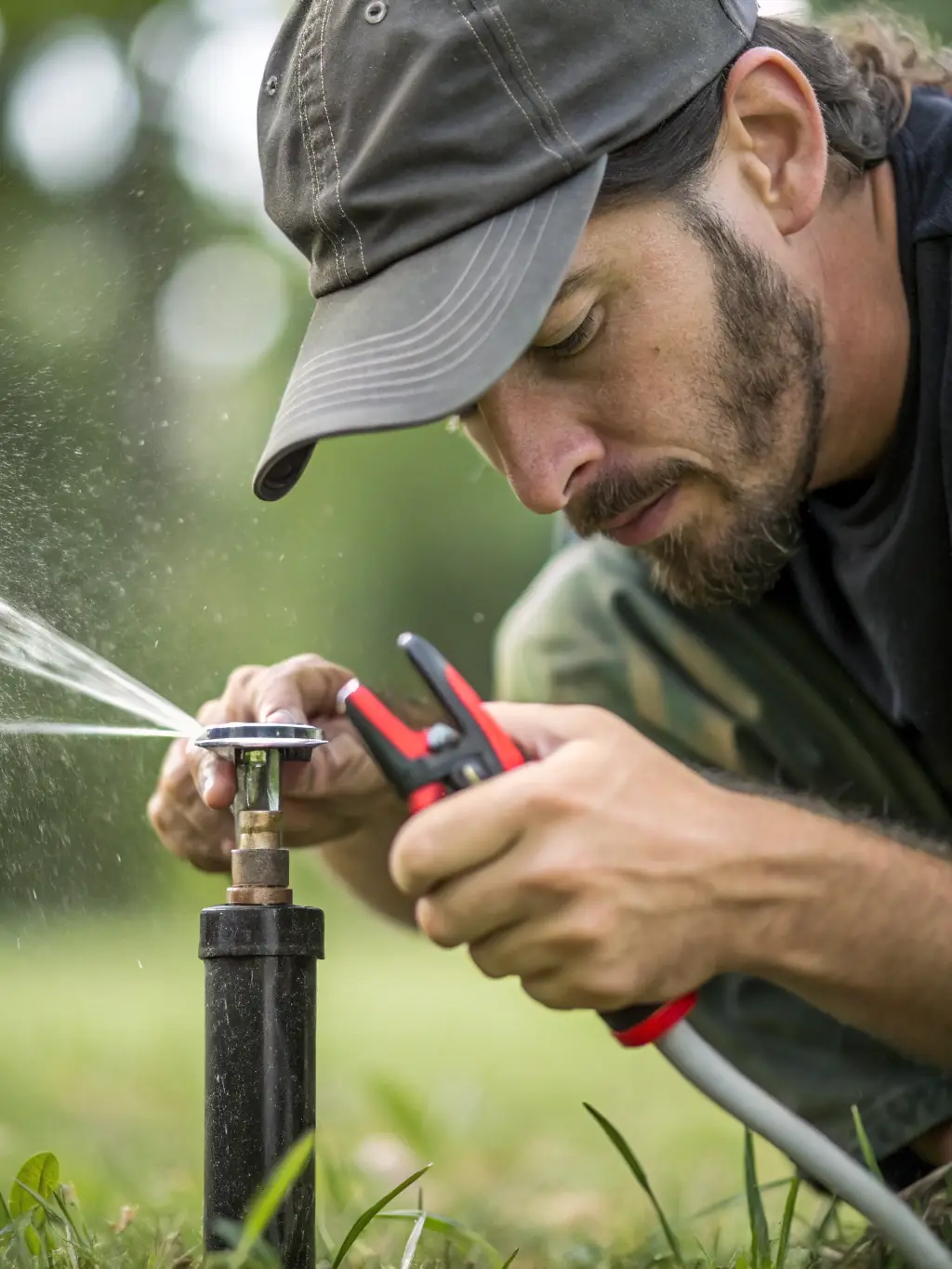 A technician inspecting and servicing an irrigation system in a well-maintained yard, ensuring optimal performance and longevity.