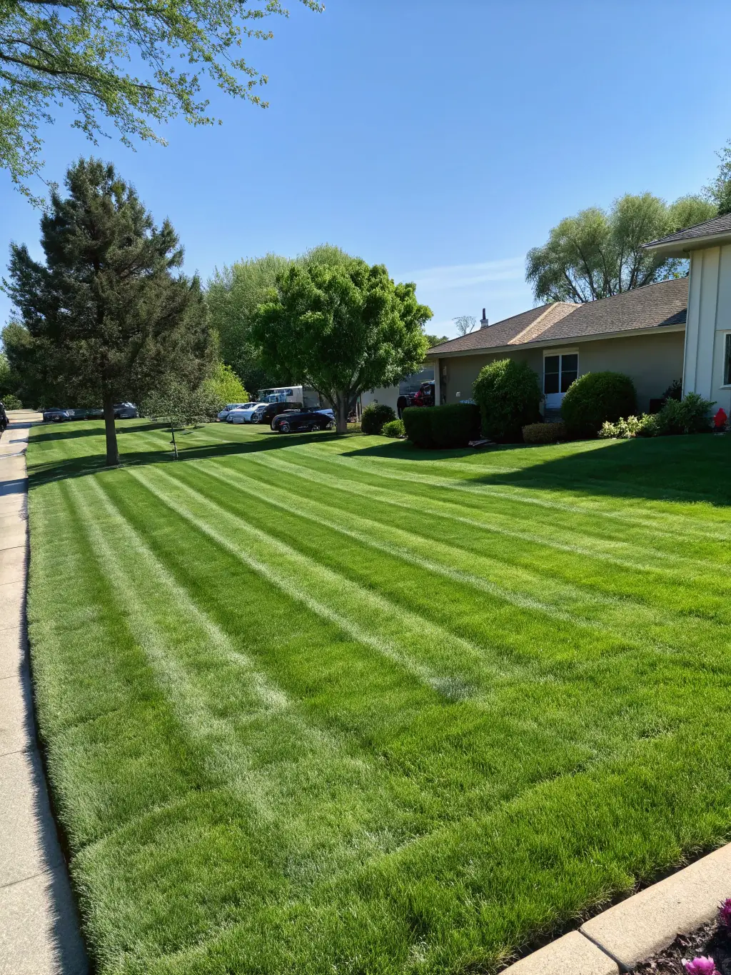 A well-maintained lawn with neatly trimmed hedges, demonstrating Goal Line Irrigation and Landscaping's commitment to ongoing maintenance.