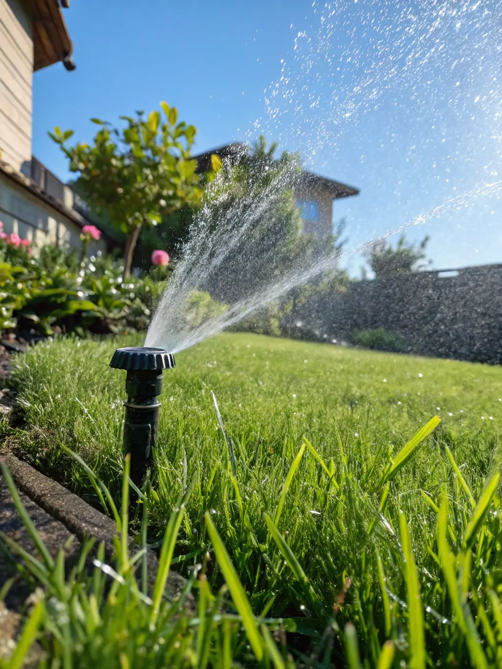 A vibrant green lawn with a sprinkler system in action, showcasing efficient irrigation by Goal Line Irrigation and Landscaping.