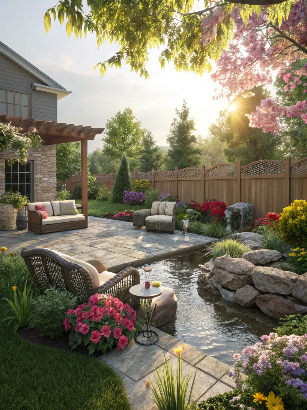 A beautifully landscaped backyard with vibrant plants, pathways, and lighting, showcasing the aesthetic appeal of professional landscape design.