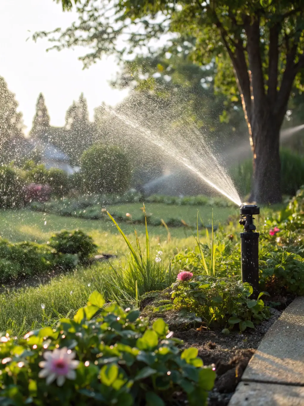 Close-up of a healthy, green lawn with an efficient sprinkler system in operation, highlighting the benefits of professional irrigation and maintenance.