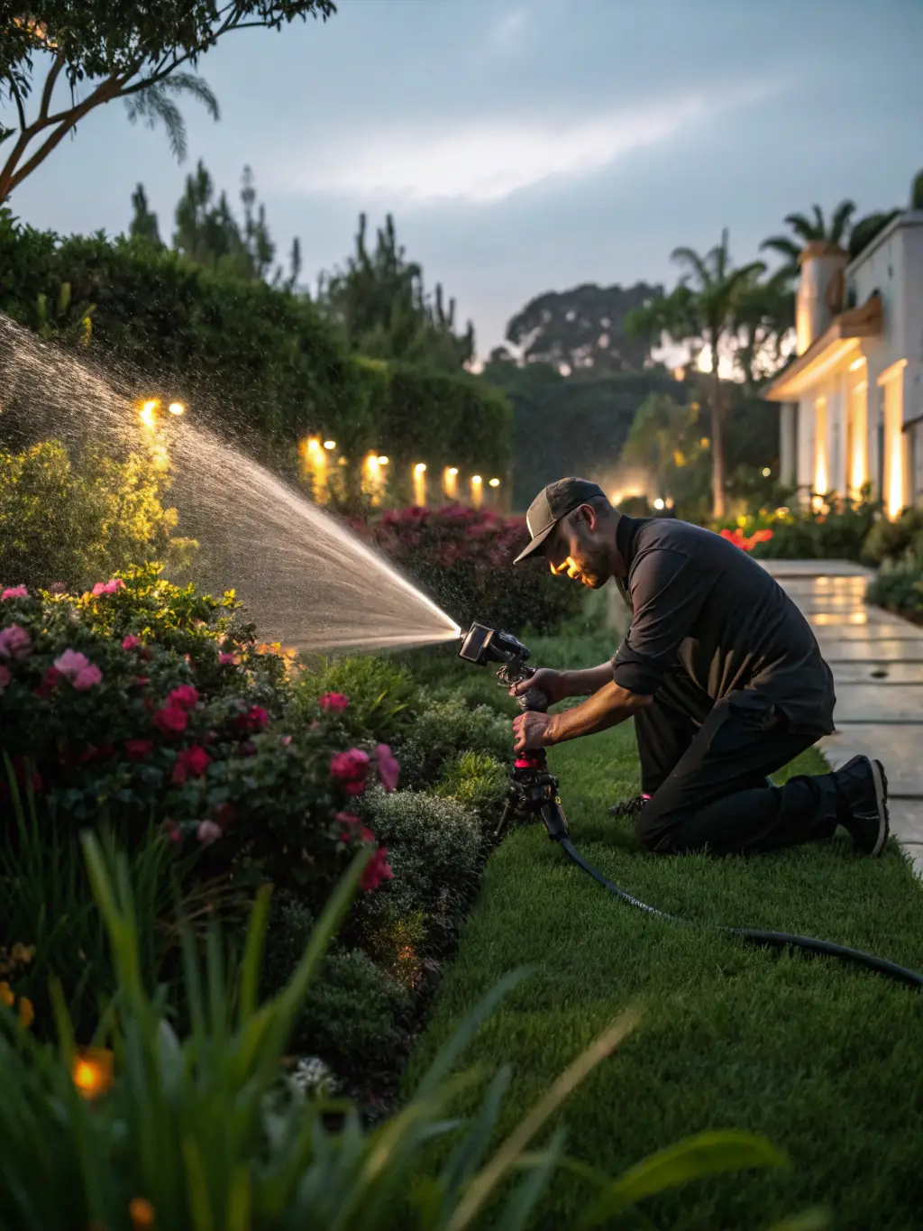 A professional technician installing a sprinkler system in a lush backyard, ensuring efficient water distribution.